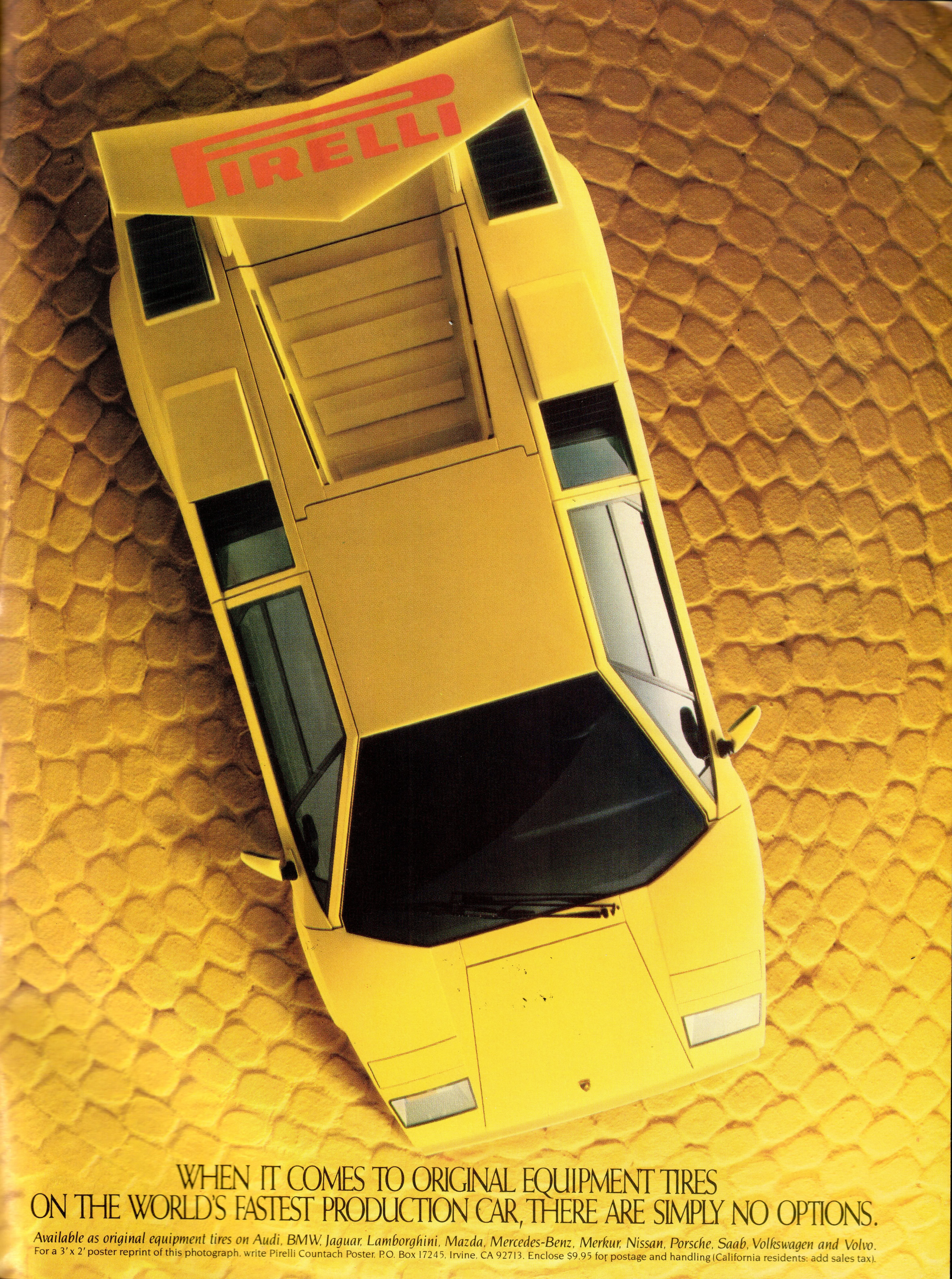 Pirelli factory advertising poster of the Countach in top-down view, showing the car's wedge silhouette and the P7 tires developed for it, a period primary source for how the Countach was marketed.