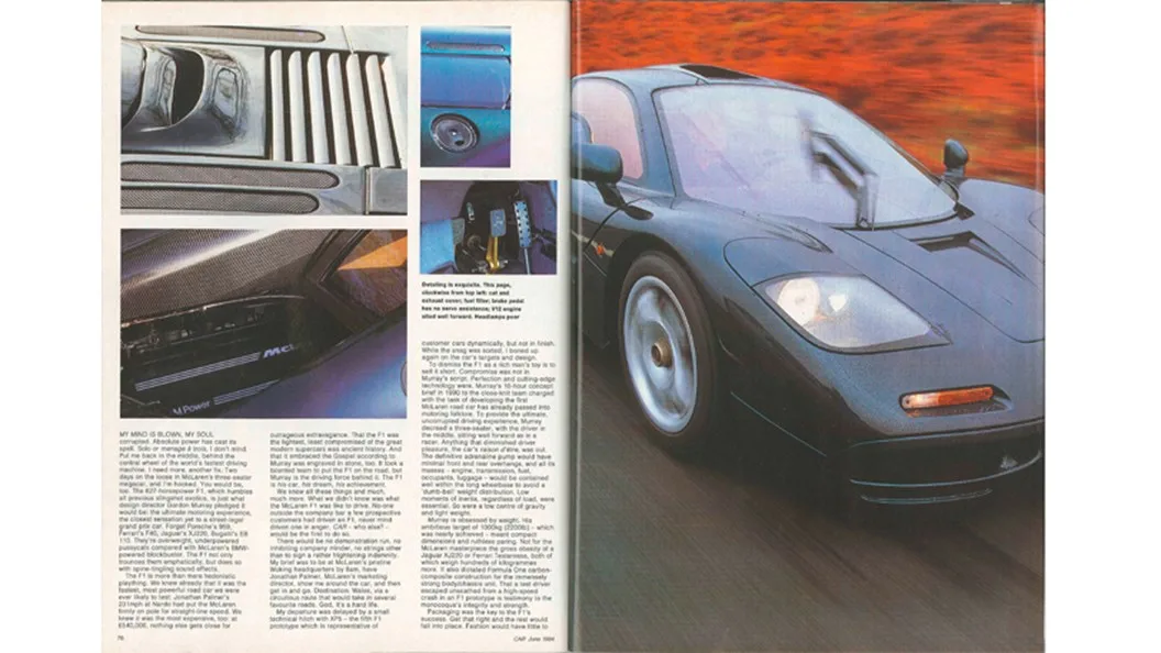 Second spread of Car Magazine's June 1994 McLaren F1 road-test showing the central driving position.