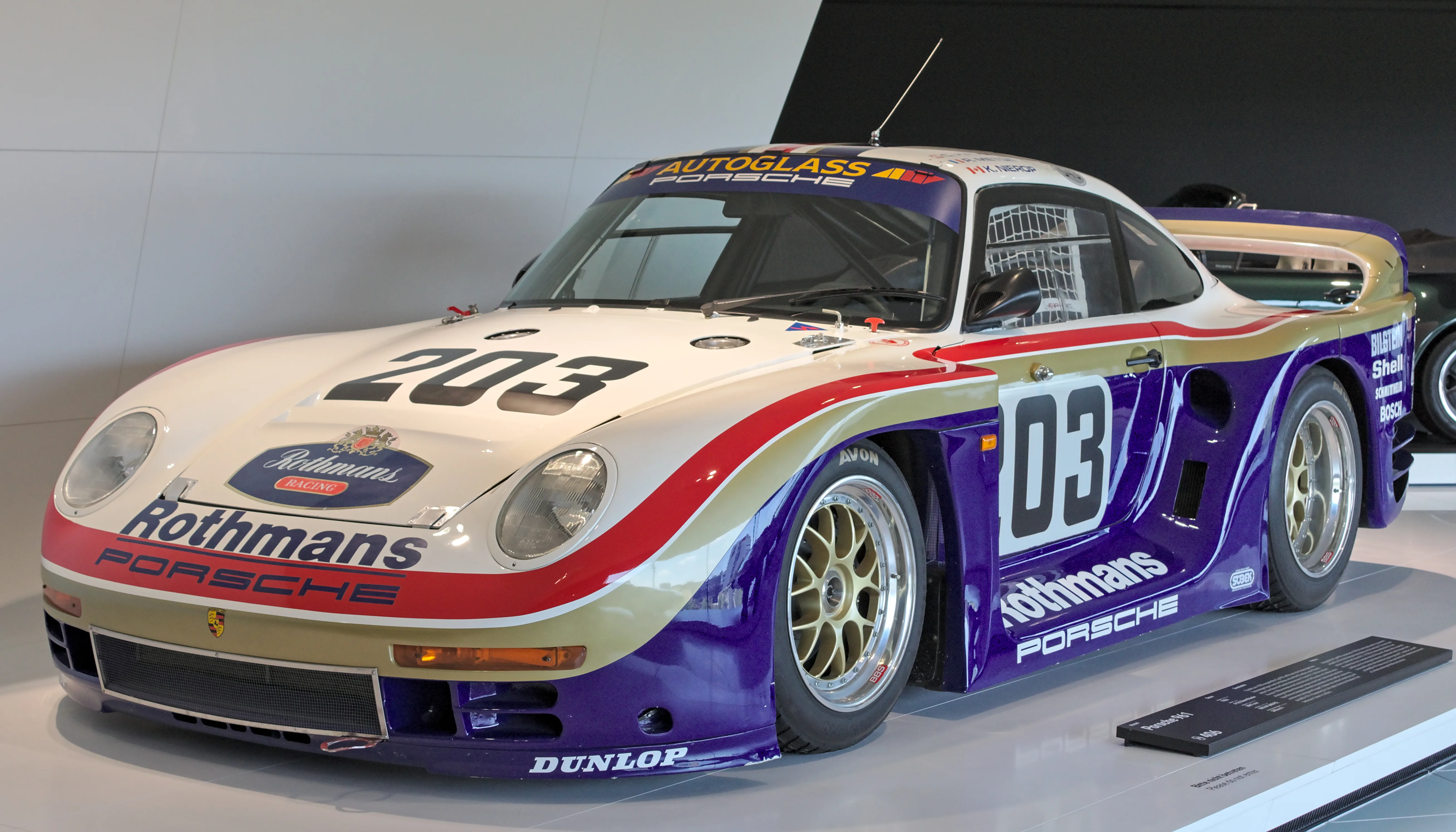 The Porsche 961, the Le Mans race variant of the 959, in the colors it ran at the 1987 24 Hours of Le Mans, in the Porsche Museum.